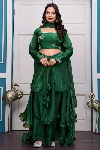 green fendy satin embroidered lehenga set with dupatta