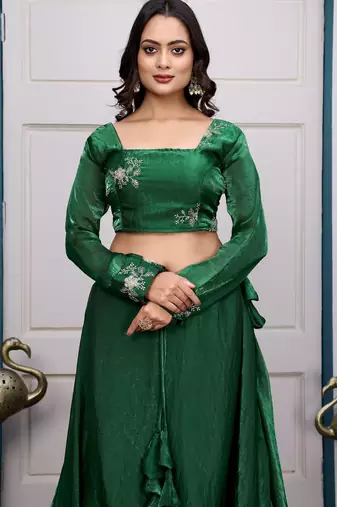 green fendy satin embroidered lehenga set with dupatta