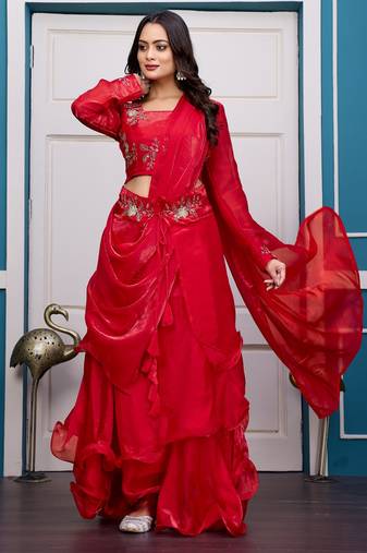 red fendy satin embroidered lehenga set with dupatta