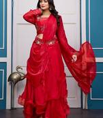 red fendy satin embroidered lehenga set with dupatta