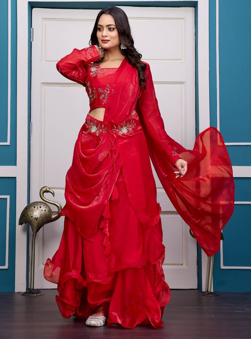red fendy satin embroidered lehenga set with dupatta