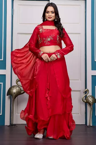 red fendy satin embroidered lehenga set with dupatta