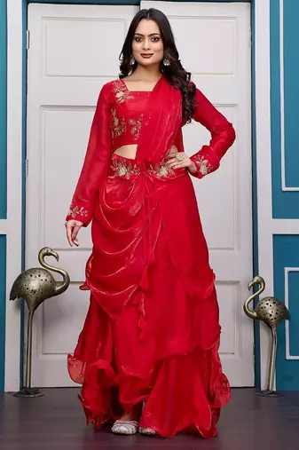 red fendy satin embroidered lehenga set with dupatta
