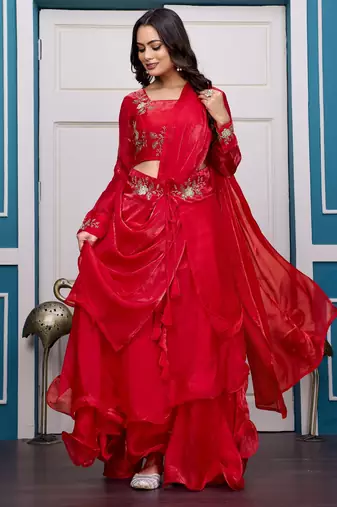 red fendy satin embroidered lehenga set with dupatta