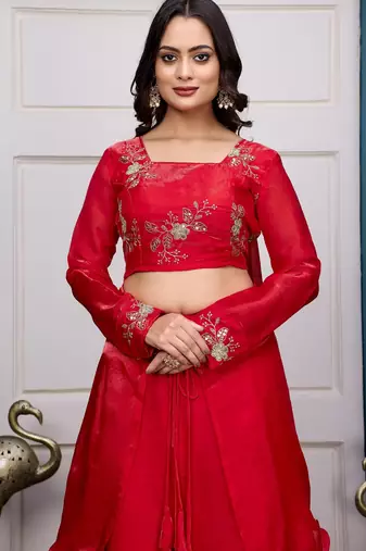 red fendy satin embroidered lehenga set with dupatta