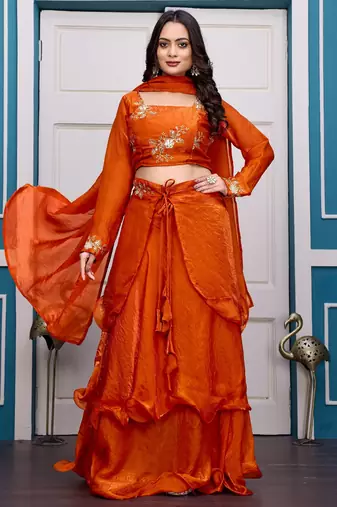 orange fendy satin embroidered lehenga set with dupatta