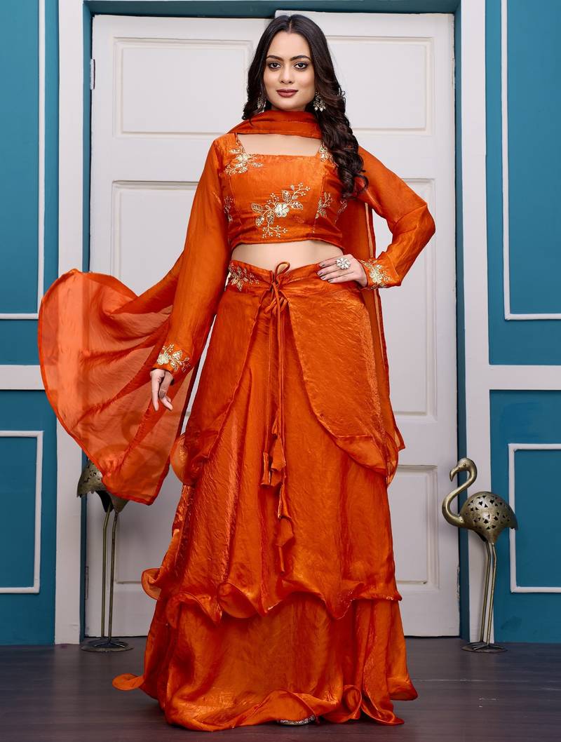 orange fendy satin embroidered lehenga set with dupatta