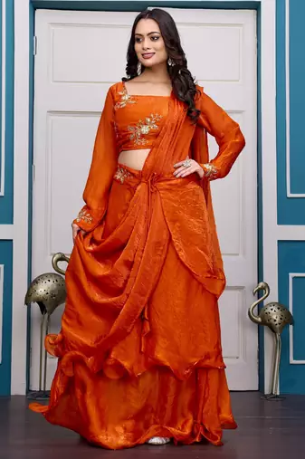 orange fendy satin embroidered lehenga set with dupatta