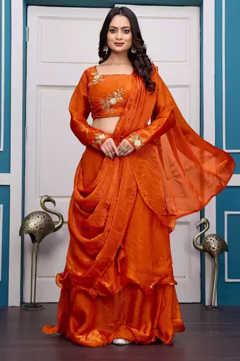 orange fendy satin embroidered lehenga set with dupatta