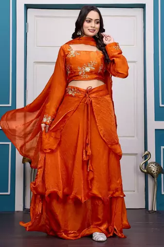 orange fendy satin embroidered lehenga set with dupatta