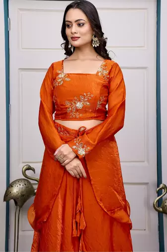 orange fendy satin embroidered lehenga set with dupatta