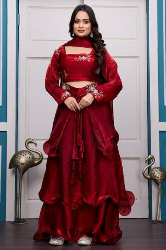 maroon fendy satin embroidered lehenga set with dupatta