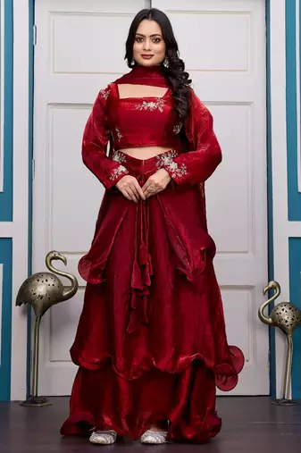 maroon fendy satin embroidered lehenga set with dupatta
