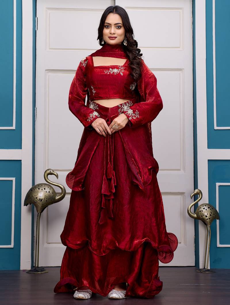 maroon fendy satin embroidered lehenga set with dupatta