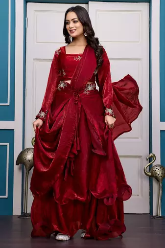maroon fendy satin embroidered lehenga set with dupatta