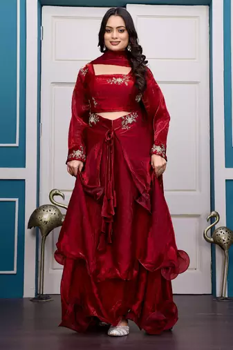 maroon fendy satin embroidered lehenga set with dupatta