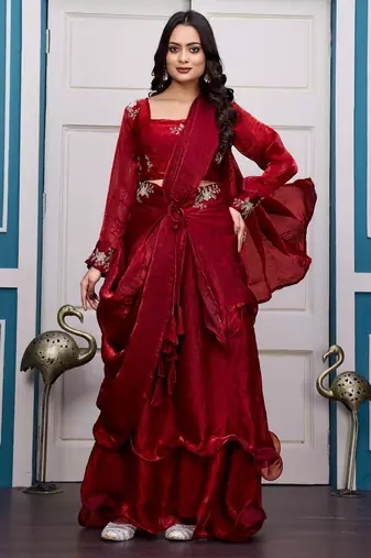 maroon fendy satin embroidered lehenga set with dupatta