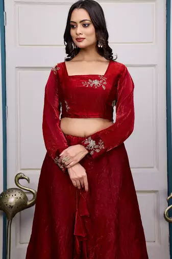 maroon fendy satin embroidered lehenga set with dupatta