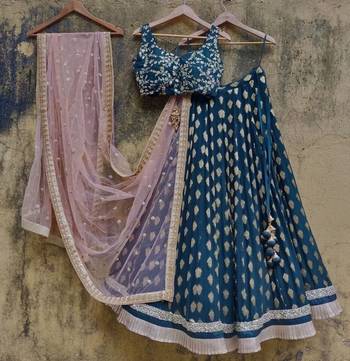 teal blue banarasi georgette gold booti lehenga set 1