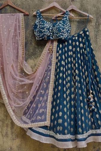teal blue banarasi georgette gold booti lehenga set
