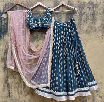 teal blue banarasi georgette gold booti lehenga set 2