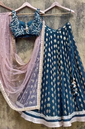 teal blue banarasi georgette gold booti lehenga set