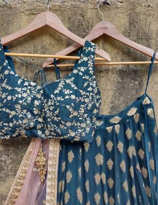 teal blue banarasi georgette gold booti lehenga set 3