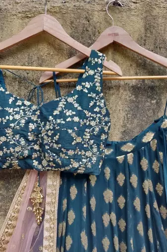 teal blue banarasi georgette gold booti lehenga set
