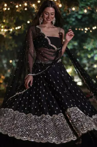 black sequins georgette lehenga with satin blouse & dupatta