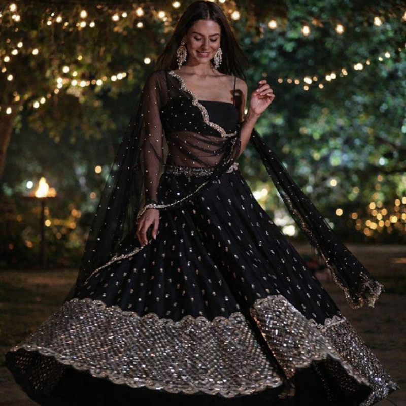 black sequins georgette lehenga with satin blouse & dupatta