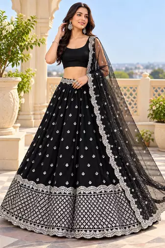 black sequins georgette lehenga with satin blouse & dupatta