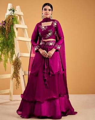 wine fendy satin embroidered lehenga set with dupatta 1