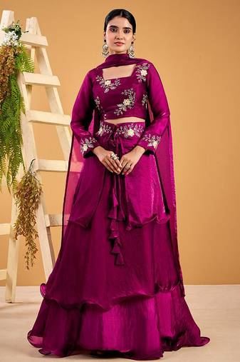 wine fendy satin embroidered lehenga set with dupatta