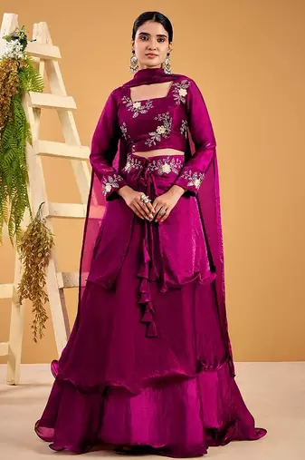 wine fendy satin embroidered lehenga set with dupatta