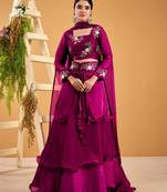 wine fendy satin embroidered lehenga set with dupatta