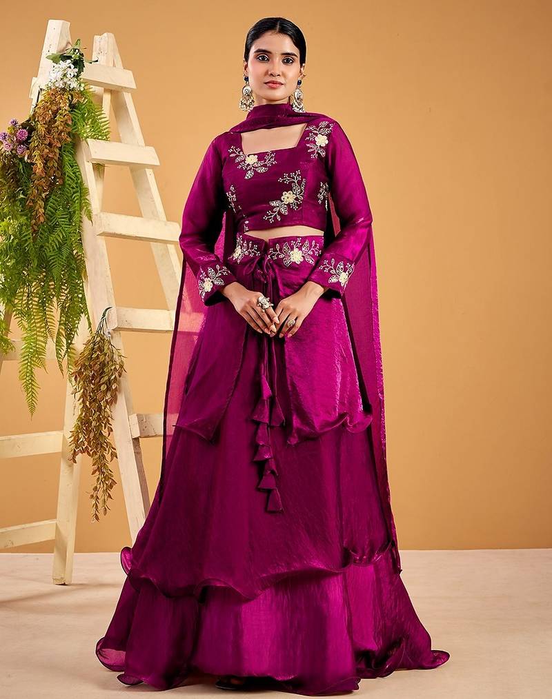 wine fendy satin embroidered lehenga set with dupatta