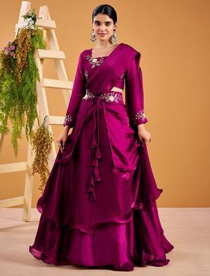 wine fendy satin embroidered lehenga set with dupatta 2