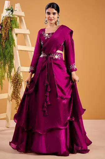 wine fendy satin embroidered lehenga set with dupatta