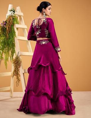 wine fendy satin embroidered lehenga set with dupatta 3