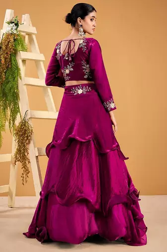 wine fendy satin embroidered lehenga set with dupatta