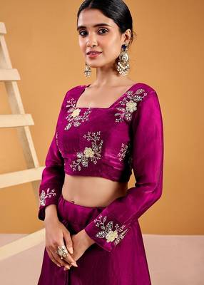 wine fendy satin embroidered lehenga set with dupatta 4