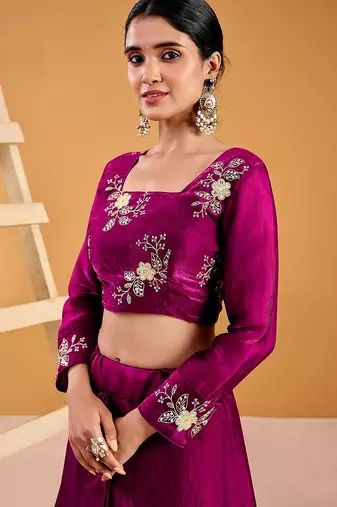wine fendy satin embroidered lehenga set with dupatta