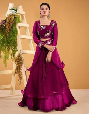 wine fendy satin embroidered lehenga set with dupatta 5
