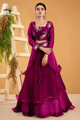 wine fendy satin embroidered lehenga set with dupatta