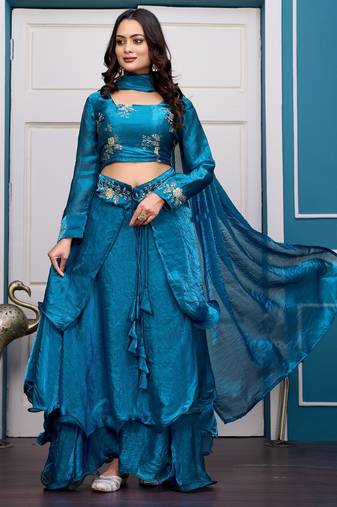 teal blue fendy satin embroidered lehenga set