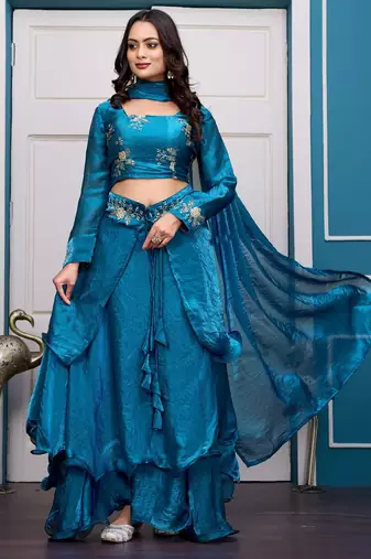teal blue fendy satin embroidered lehenga set