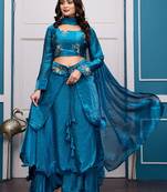 teal blue fendy satin embroidered lehenga set