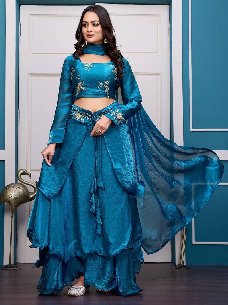 teal blue fendy satin embroidered lehenga set