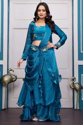 teal blue fendy satin embroidered lehenga set