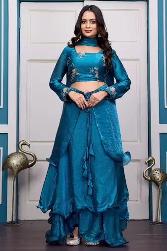 teal blue fendy satin embroidered lehenga set